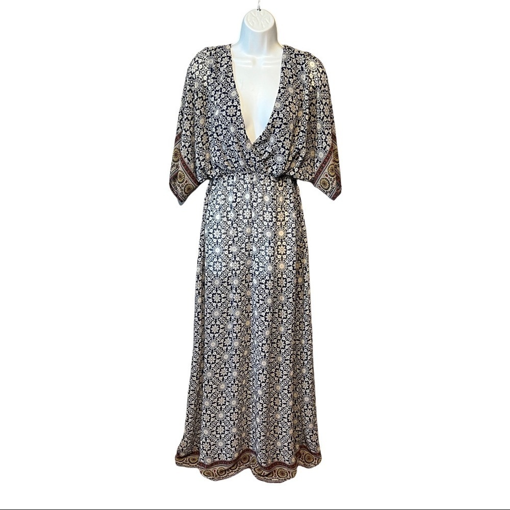 Sage Blue White Kimono Maxi Dress Medium Surplice Chiffon Elastic Waist